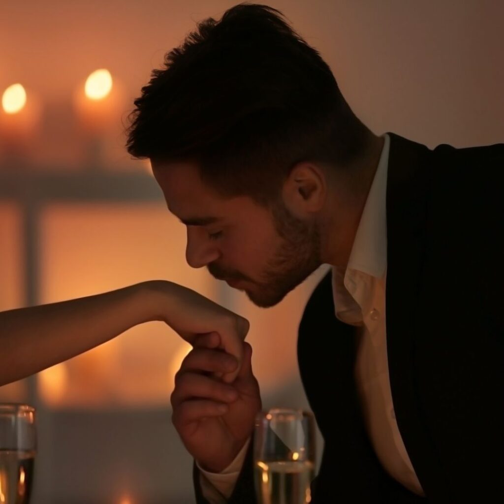Gentleman kysser kvinnas hand som en romantisk gest på dejten Gentleman kysser kvinnas hand som en romantisk gest på dejten